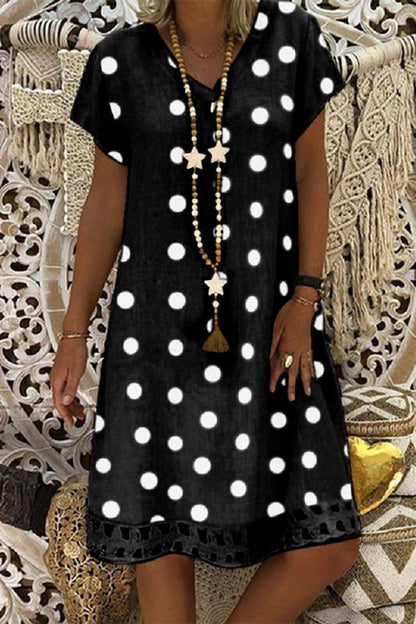 Vestido de verano de lunares calados con cuello en V y manga corta para mujer