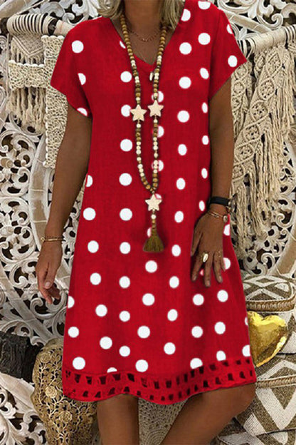 Vestido de verano de lunares calados con cuello en V y manga corta para mujer