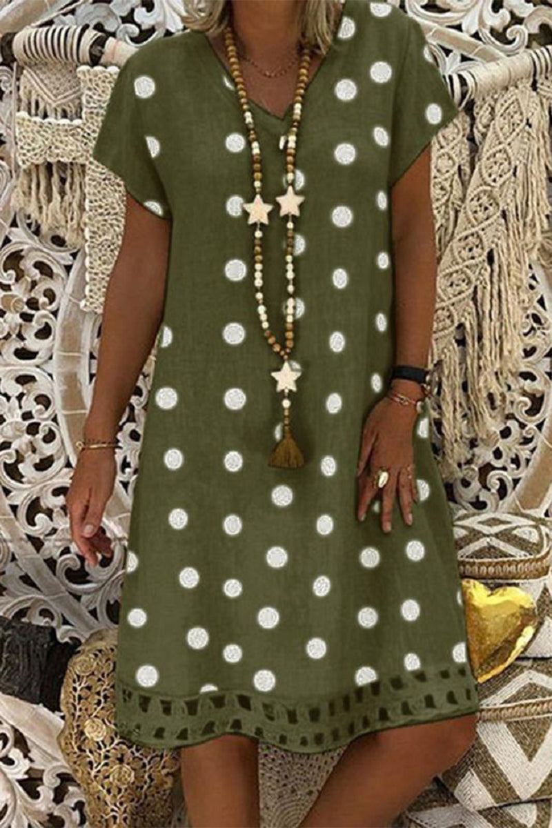 Vestido de verano de lunares calados con cuello en V y manga corta para mujer