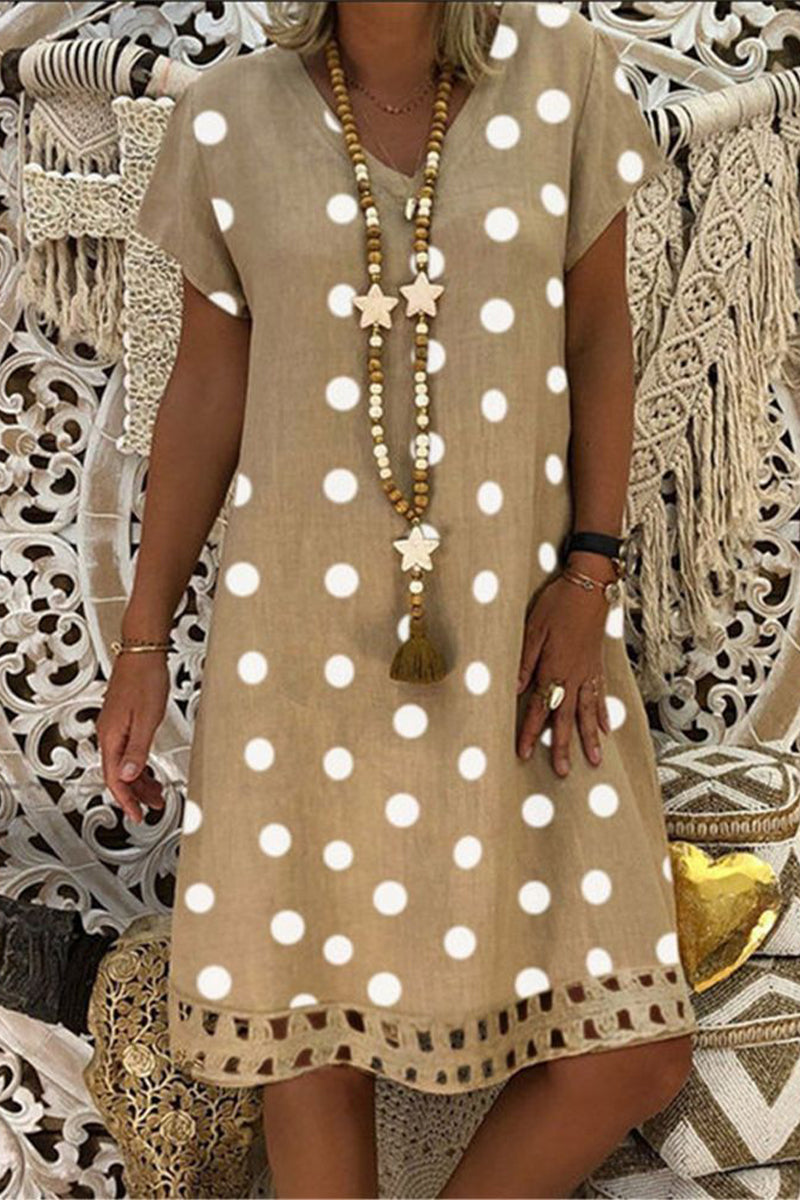 Vestido de verano de lunares calados con cuello en V y manga corta para mujer