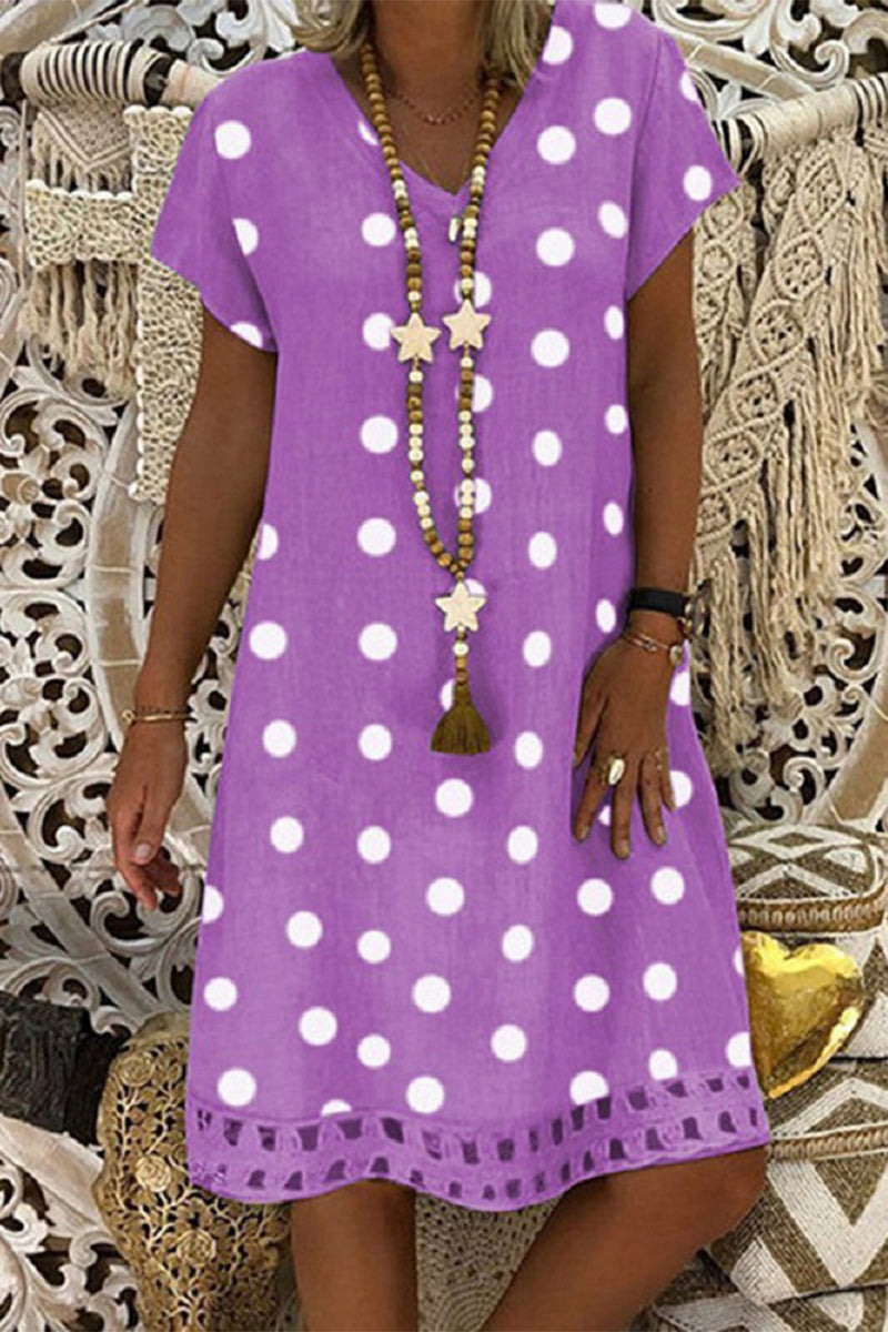 Vestido de verano de lunares calados con cuello en V y manga corta para mujer