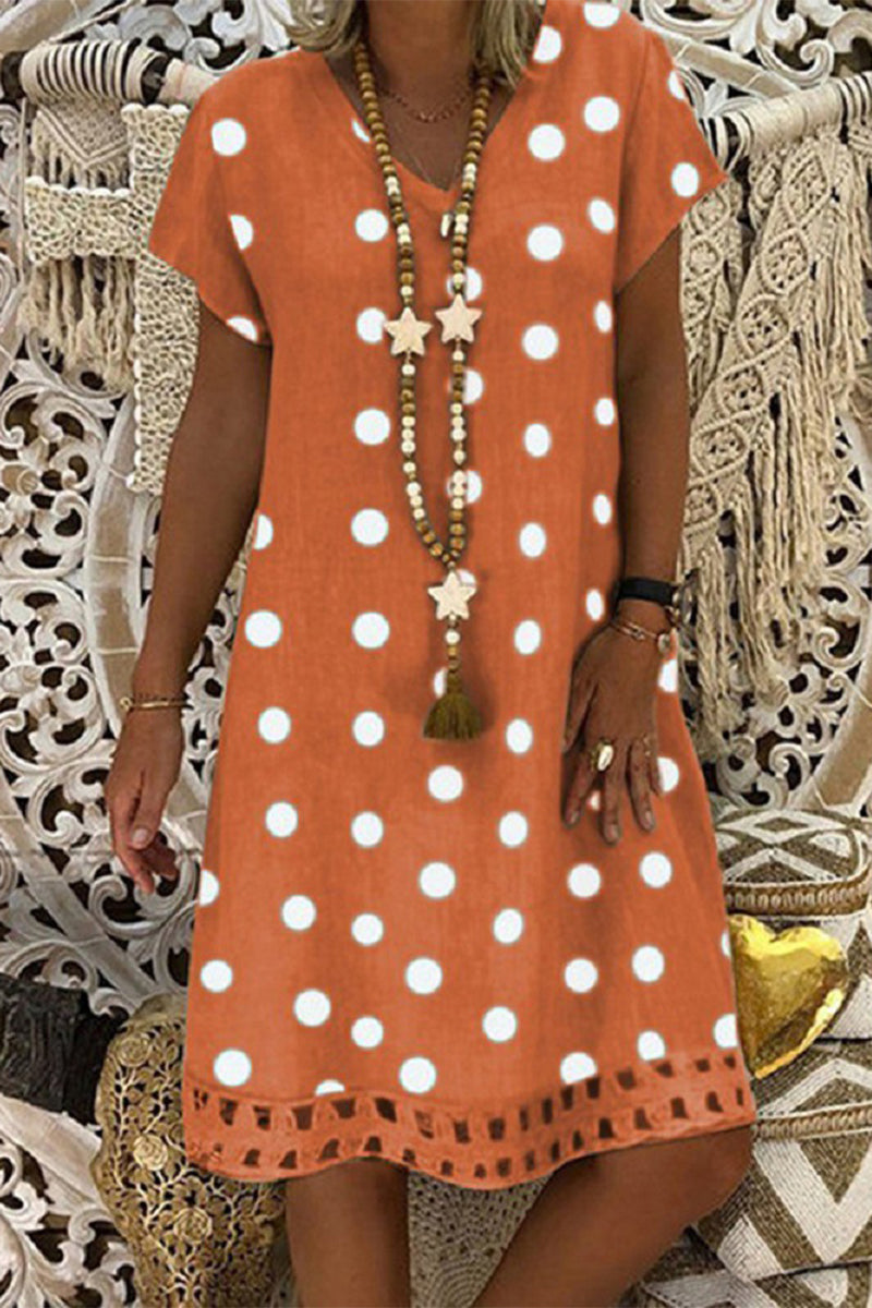 Vestido de verano de lunares calados con cuello en V y manga corta para mujer