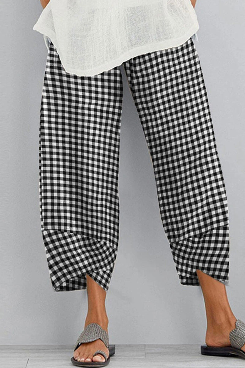 Pantalones casuales holgados de cintura alta con estampado completo tipo harén a cuadros en contraste
