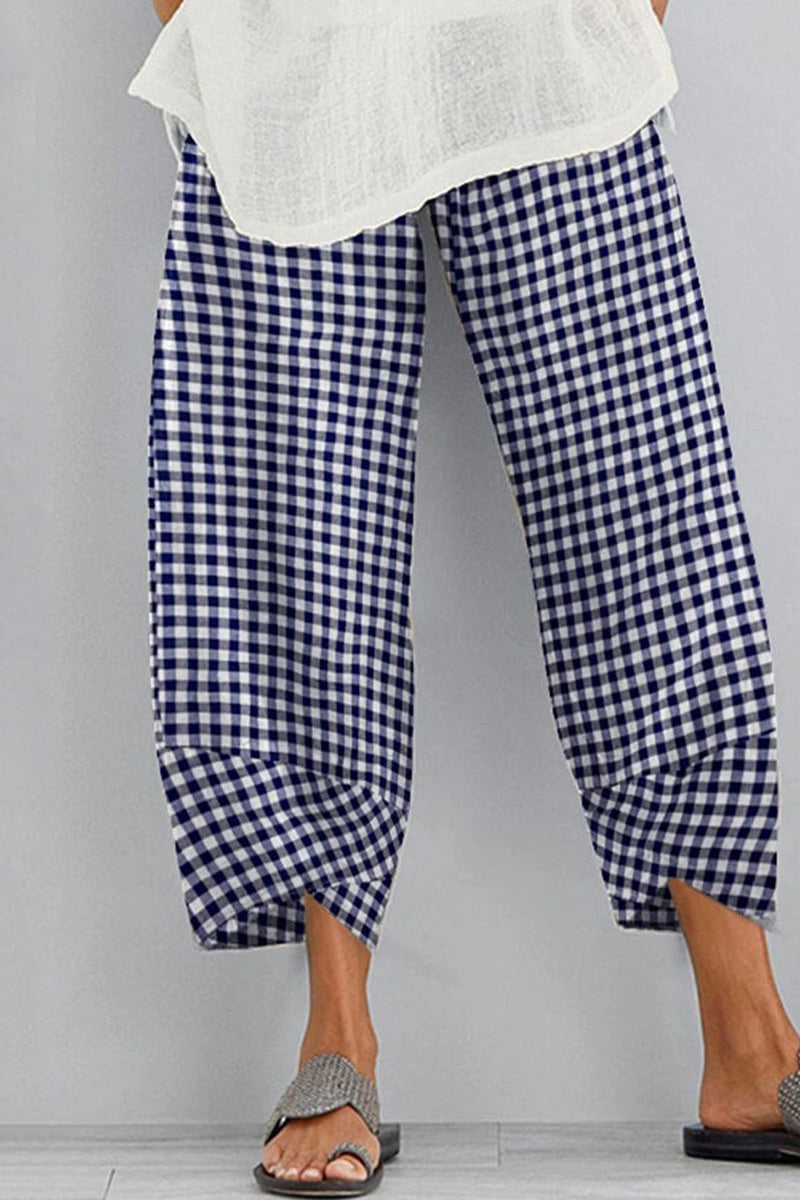 Pantalones casuales holgados de cintura alta con estampado completo tipo harén a cuadros en contraste