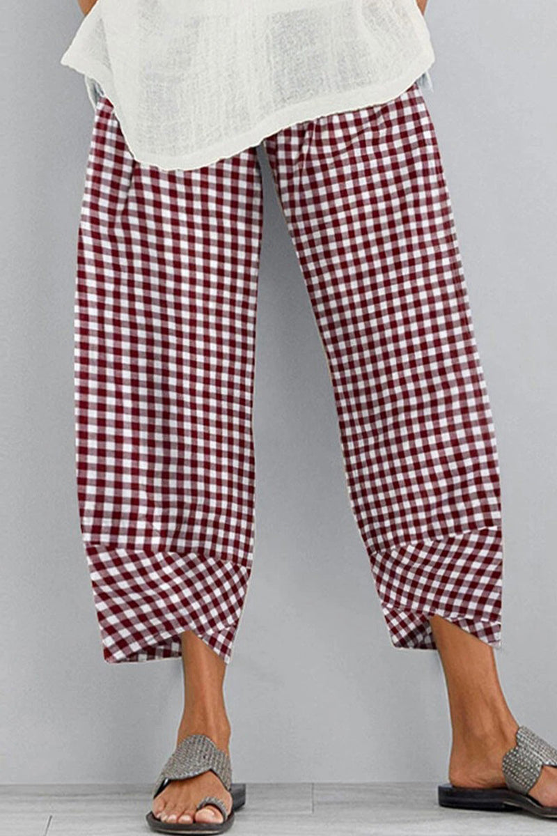Pantalones casuales holgados de cintura alta con estampado completo tipo harén a cuadros en contraste