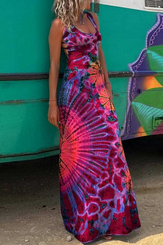Vestido informal con cuello en U, sin espalda y estampado