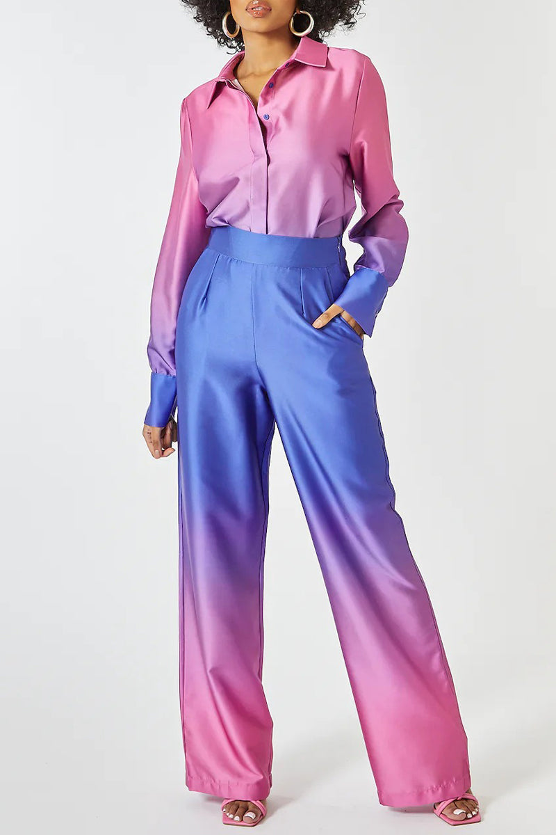 Conjunto casual de dos piezas con cuello vuelto, manga larga y contraste de cambio gradual
