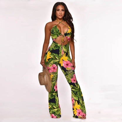 Mono sexy con tirantes y pantalones acampanados estampados para mujer