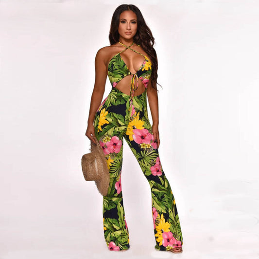 Mono sexy con tirantes y pantalones acampanados estampados para mujer