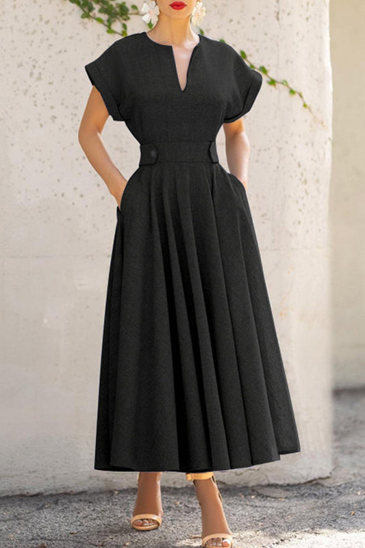Vestido informal sencillo de manga corta con cuello redondo y cremallera lisa
