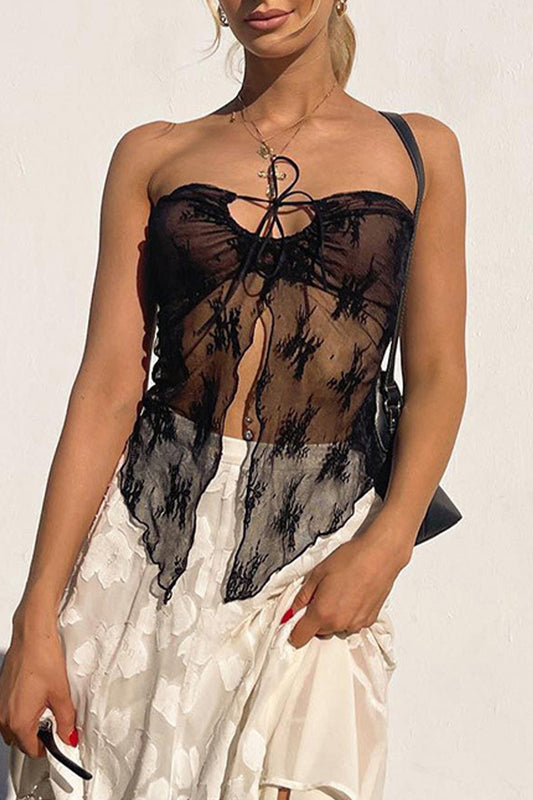 Tops sexys sin tirantes con encaje sólido y ahuecados