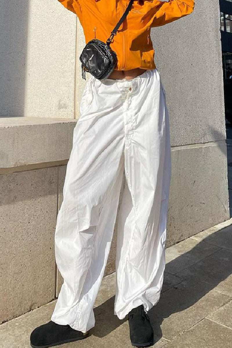 Pantalones casuales de calle lisos con cordón, rectos, de cintura baja, de pierna ancha y de color liso