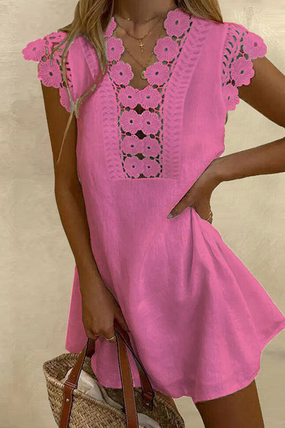 Vestido informal liso con escote en V, manga corta y corte A (8 colores)