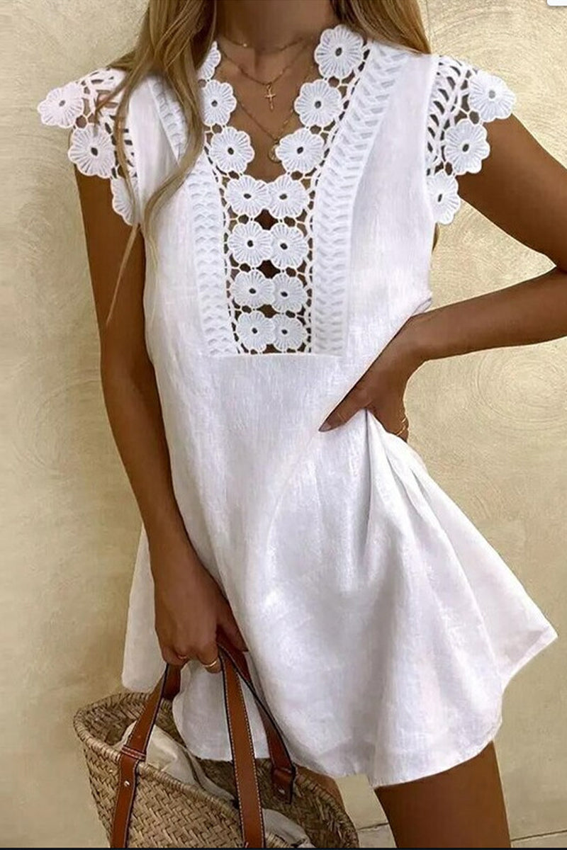 Vestido informal liso con escote en V, manga corta y corte A (8 colores)