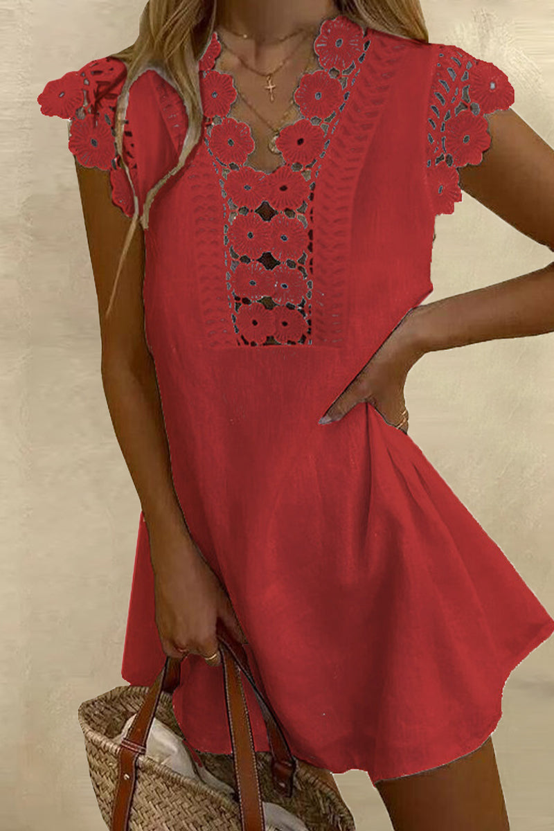Vestido informal liso con escote en V, manga corta y corte A (8 colores)