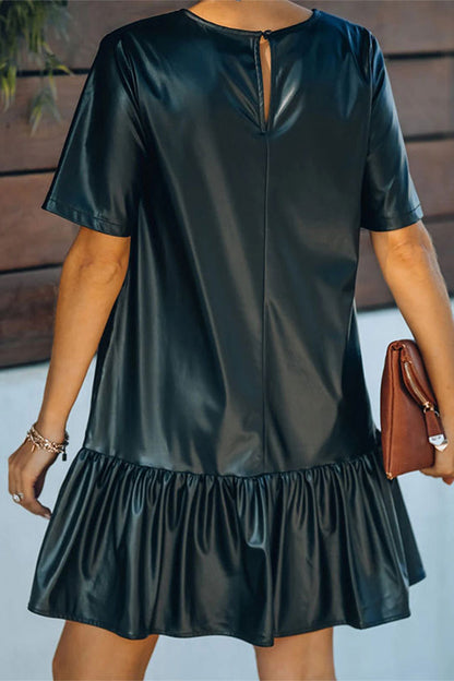 Vestido casual de calle liso con volantes, cuello redondo y manga corta