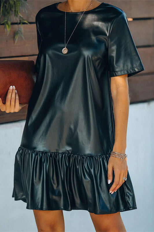 Vestido casual de calle liso con volantes, cuello redondo y manga corta