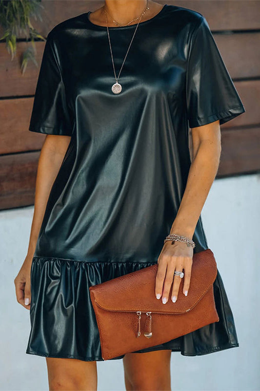 Vestido casual de calle liso con volantes, cuello redondo y manga corta