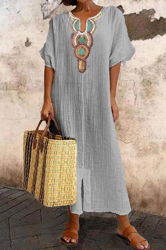 Vestido informal de manga corta con cuello en U y estampado de patchwork