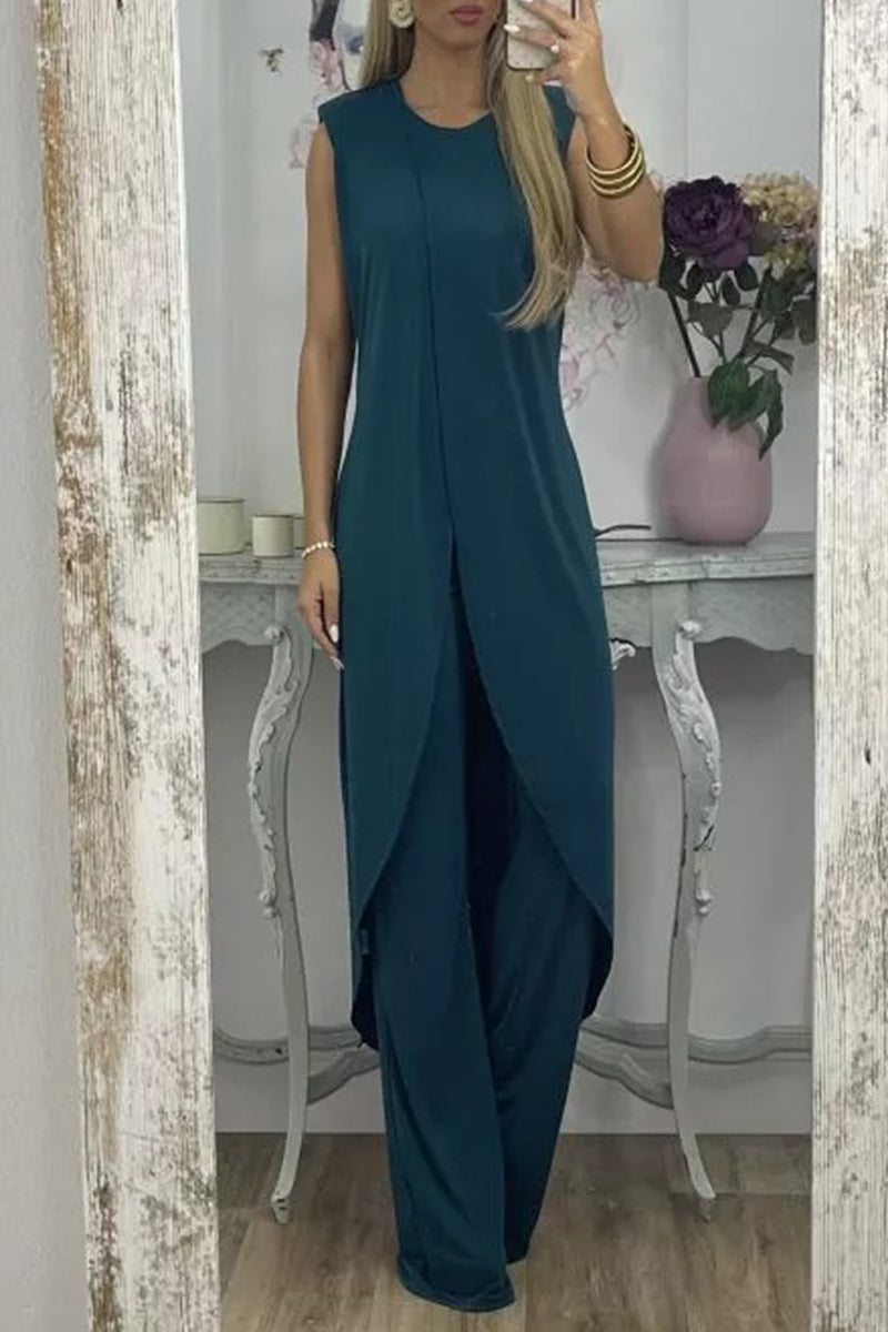 Conjunto informal de dos piezas, liso, asimétrico, con cuello redondo y sin mangas (7 colores)