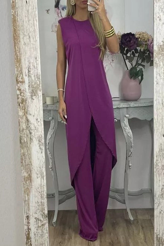 Conjunto informal de dos piezas, liso, asimétrico, con cuello redondo y sin mangas (7 colores)
