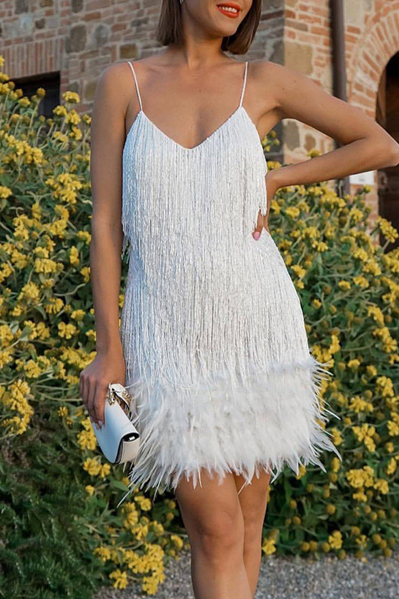 Vestidos sexis con falda tubo y cuello en V, con plumas y borlas sólidas