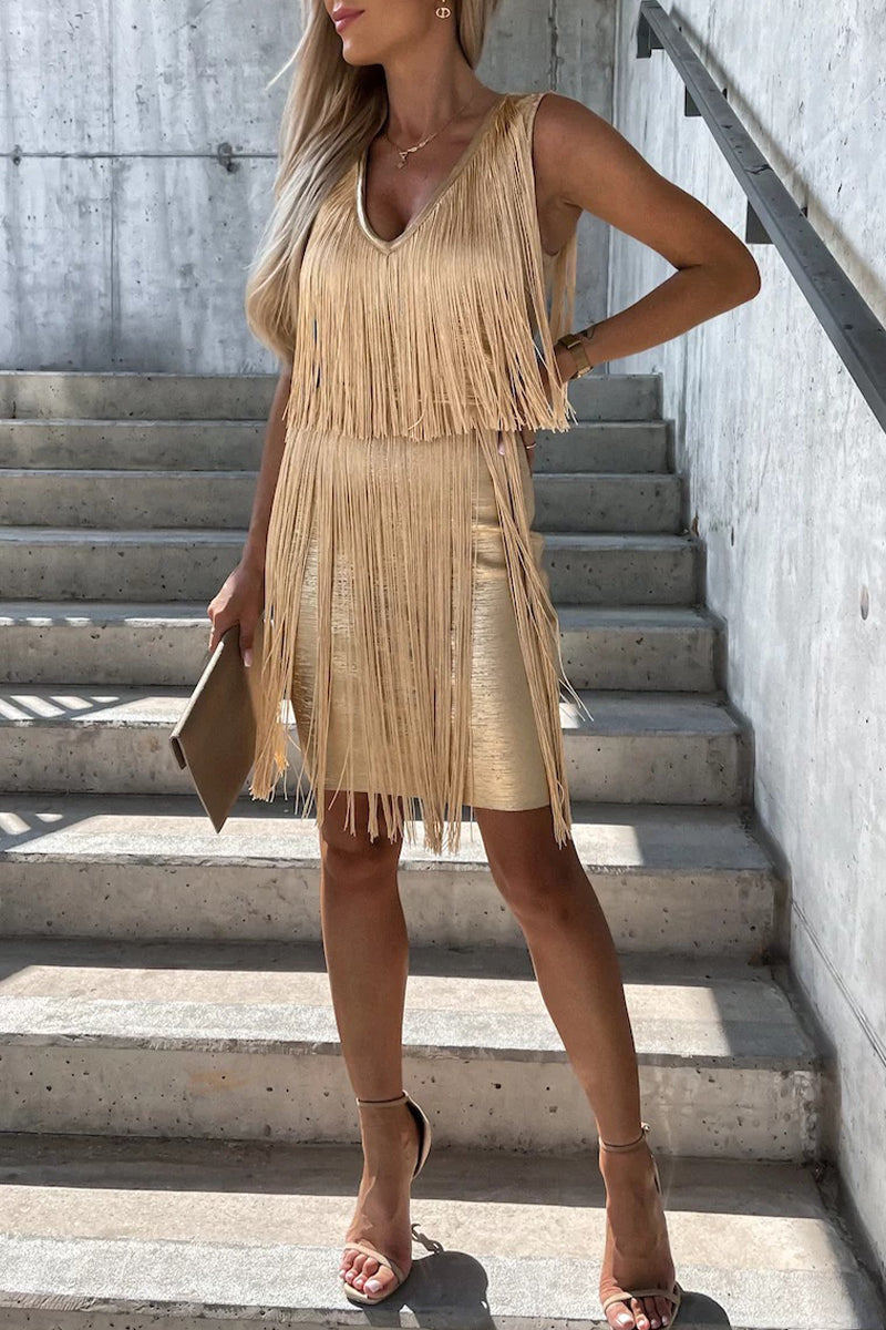 Vestidos sexis de fiesta con falda cruzada y cuello en V con borlas sólidas