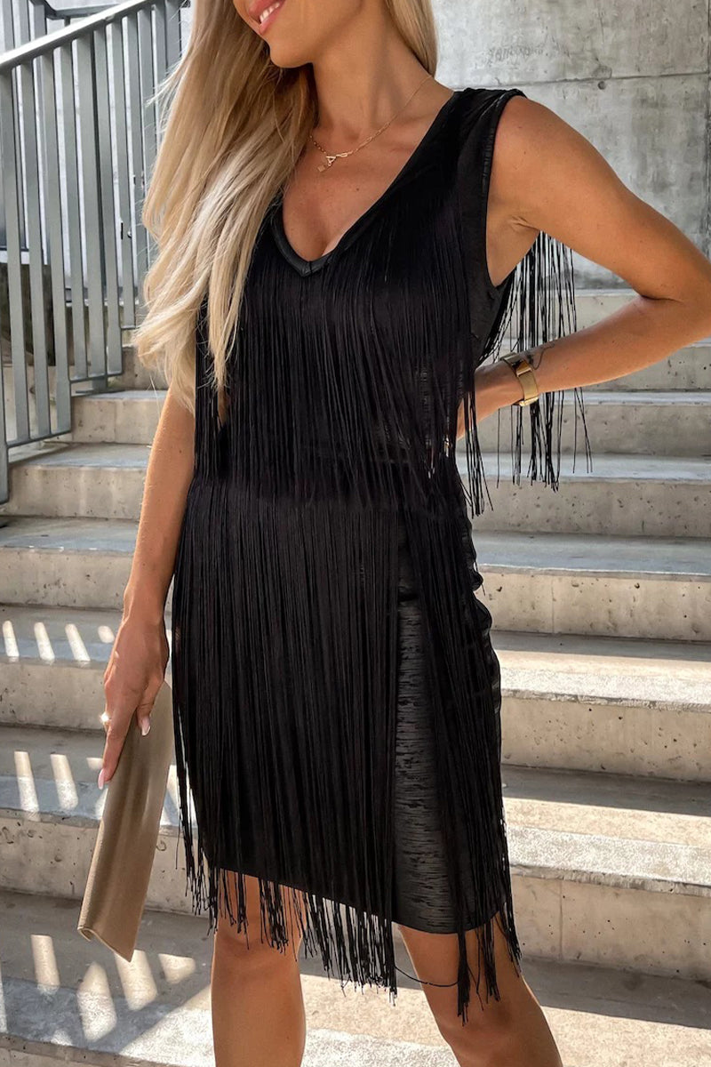 Vestidos sexis de fiesta con falda cruzada y cuello en V con borlas sólidas