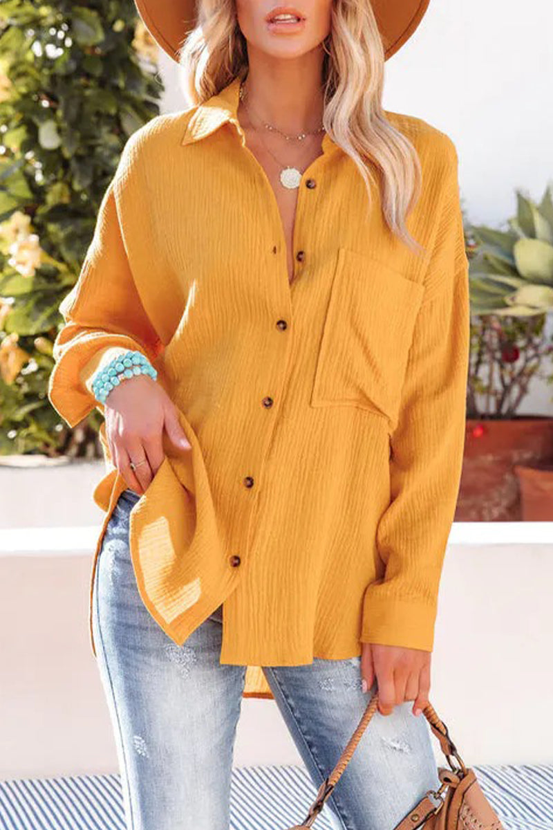 Tops casuales de cuello vuelto con bolsillos sólidos