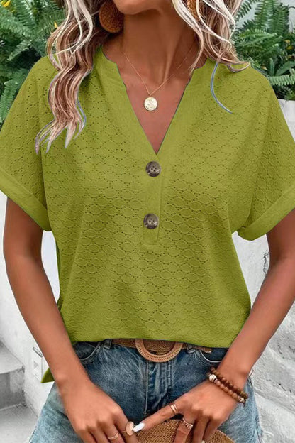 Camisetas casuales con cuello en V y botones lisos (10 colores)