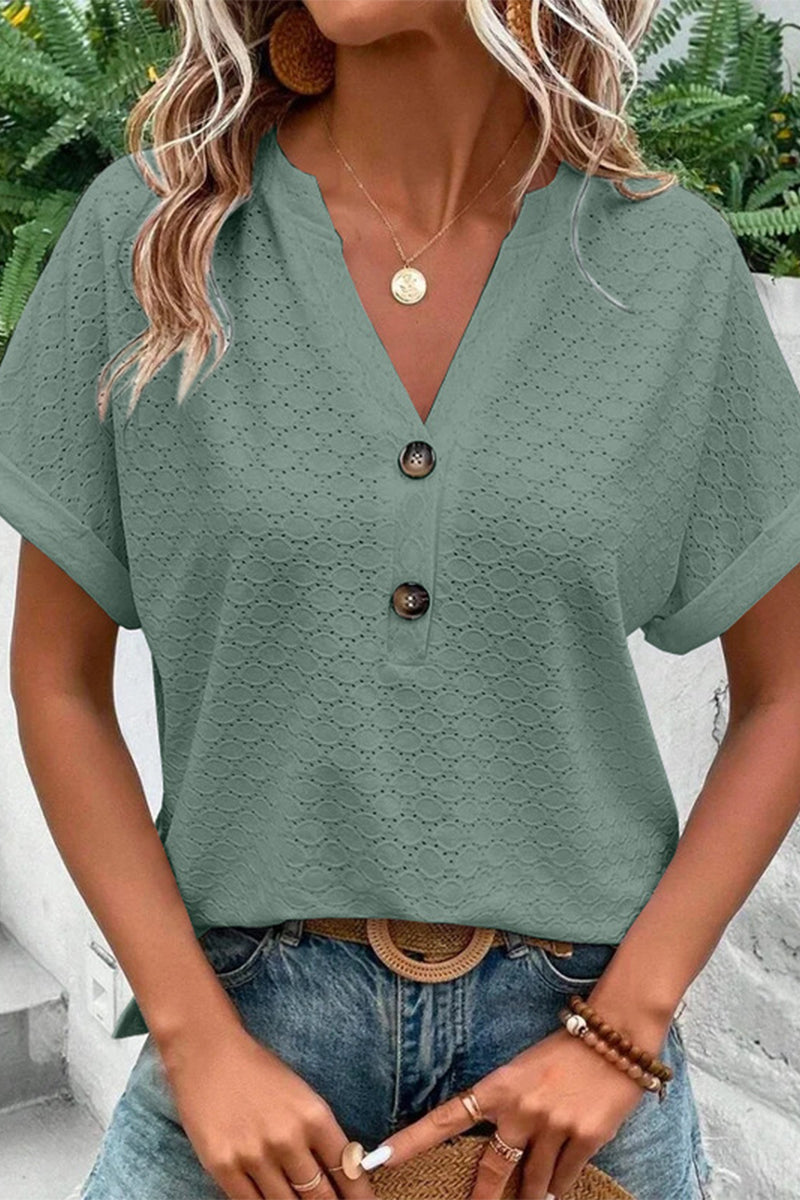 Camisetas casuales con cuello en V y botones lisos (10 colores)