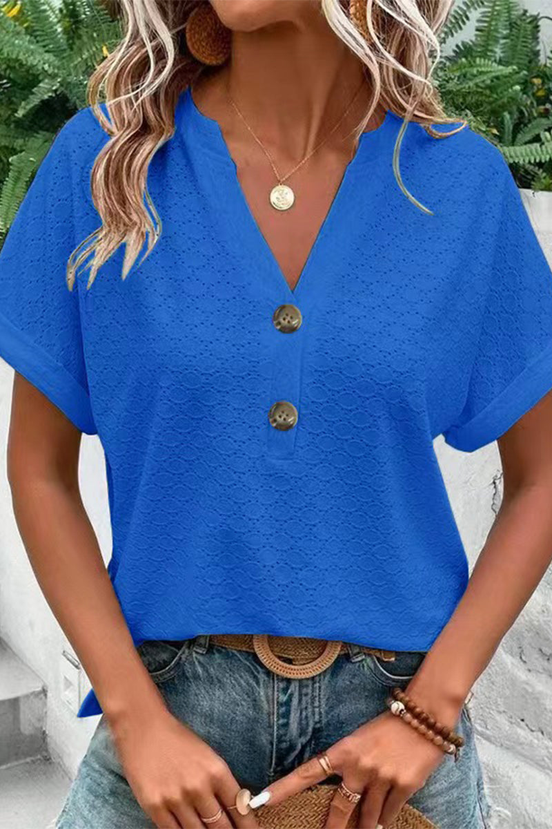 Camisetas casuales con cuello en V y botones lisos (10 colores)