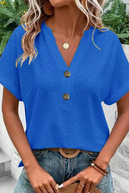 Camisetas casuales con cuello en V y botones lisos (10 colores)