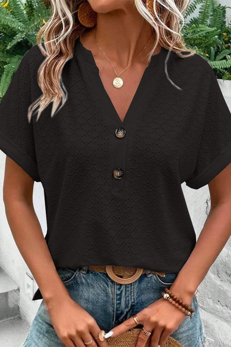 Camisetas casuales con cuello en V y botones lisos (10 colores)