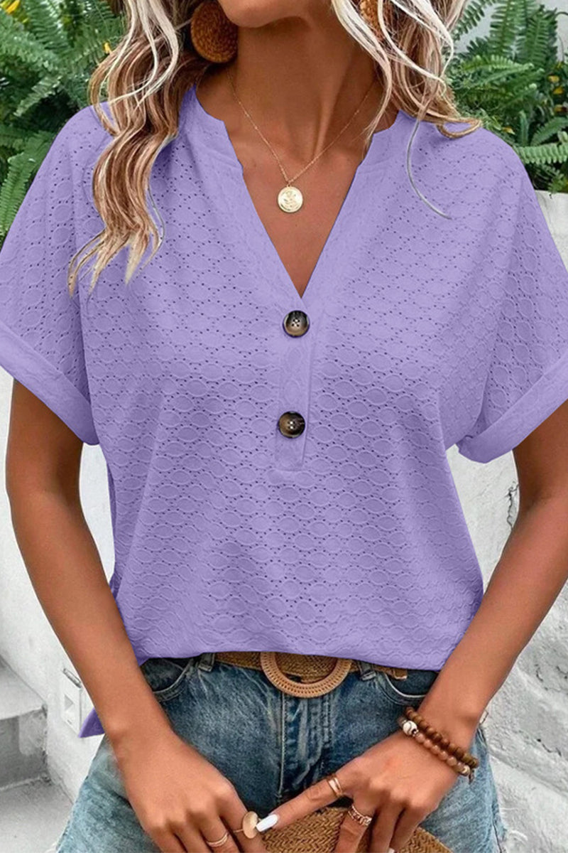 Camisetas casuales con cuello en V y botones lisos (10 colores)