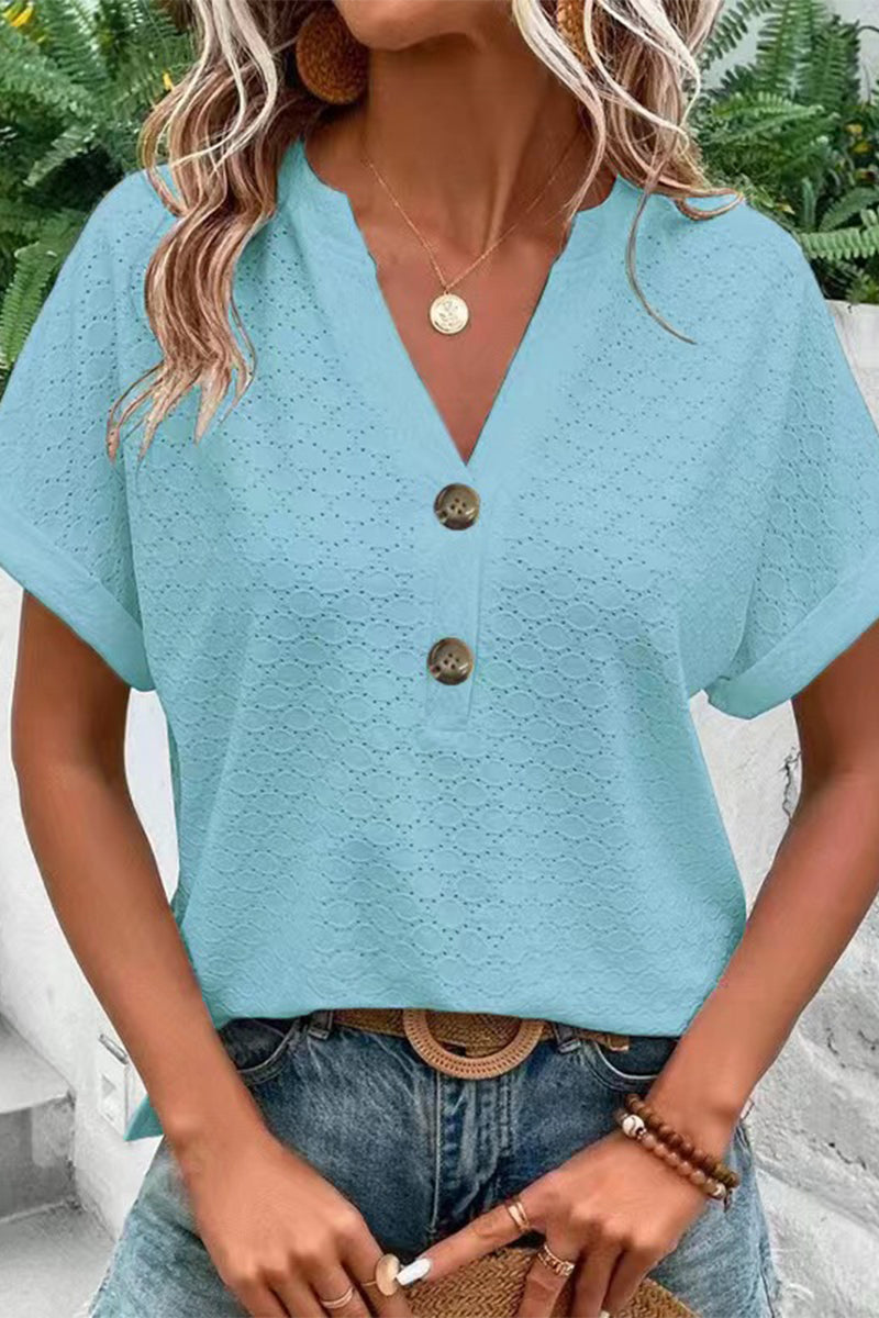 Camisetas casuales con cuello en V y botones lisos (10 colores)
