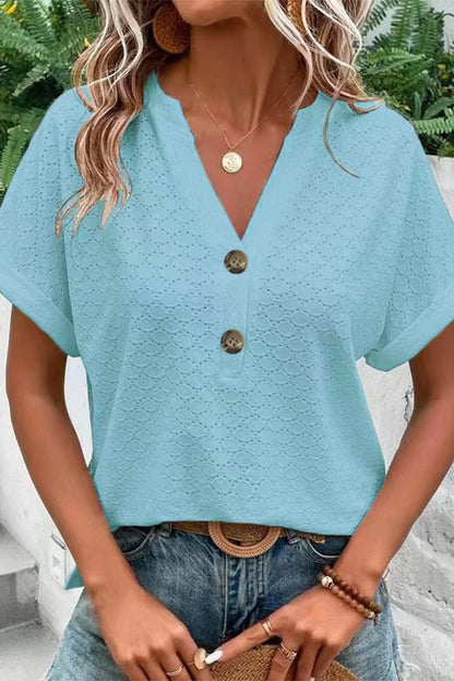 Camisetas casuales con cuello en V y botones lisos (10 colores)