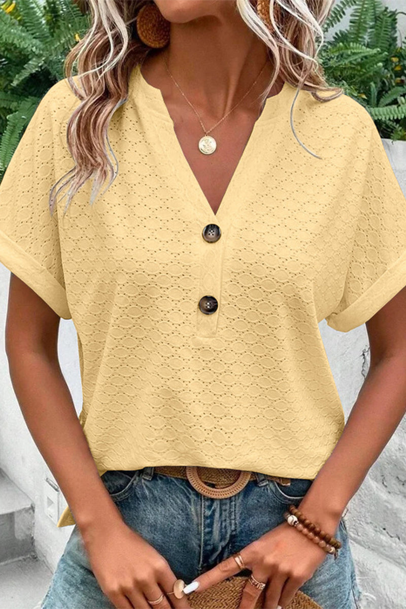 Camisetas casuales con cuello en V y botones lisos (10 colores)