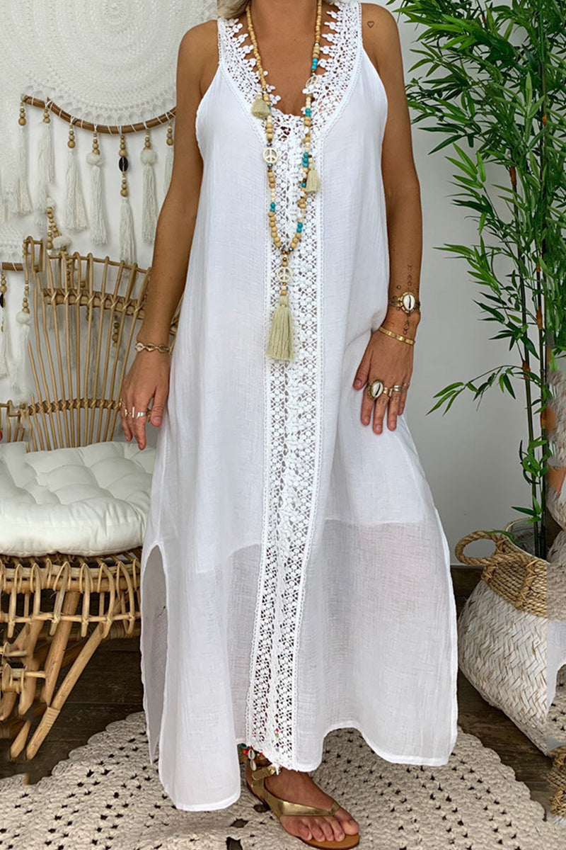 Vestido informal de encaje liso con cuello en V y sin mangas (4 colores)