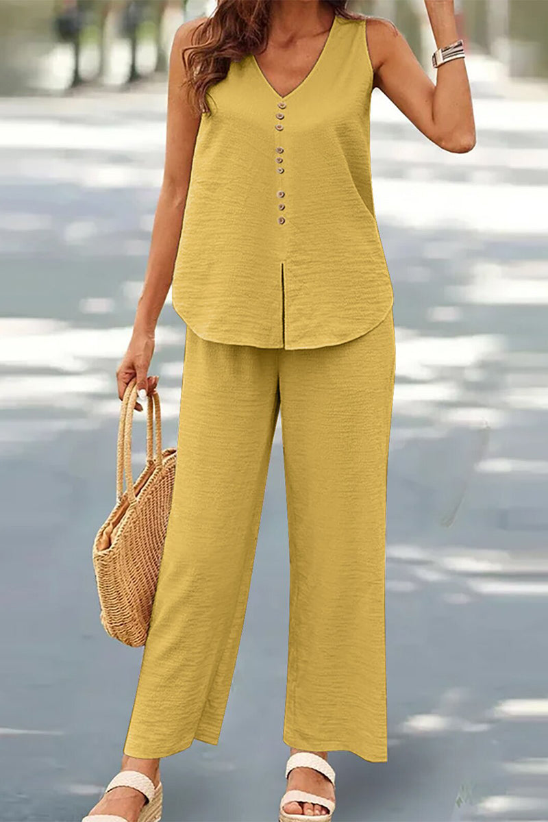 Conjunto informal de dos piezas con botones, escote en V y mangas (17 colores)