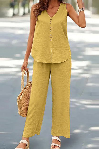 Conjunto informal de dos piezas con botones, escote en V y mangas (17 colores)