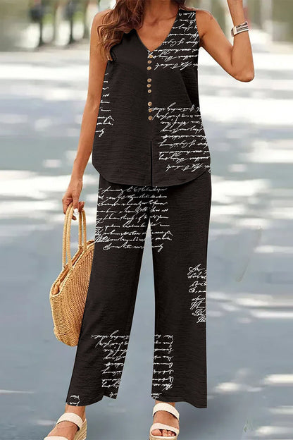 Conjunto informal de dos piezas con botones, escote en V y mangas (17 colores)