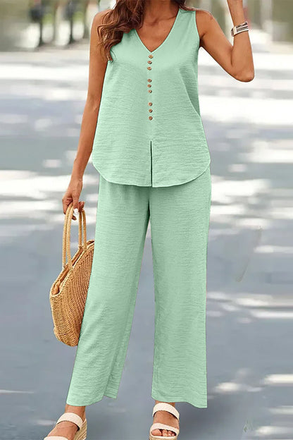 Conjunto informal de dos piezas con botones, escote en V y mangas (17 colores)