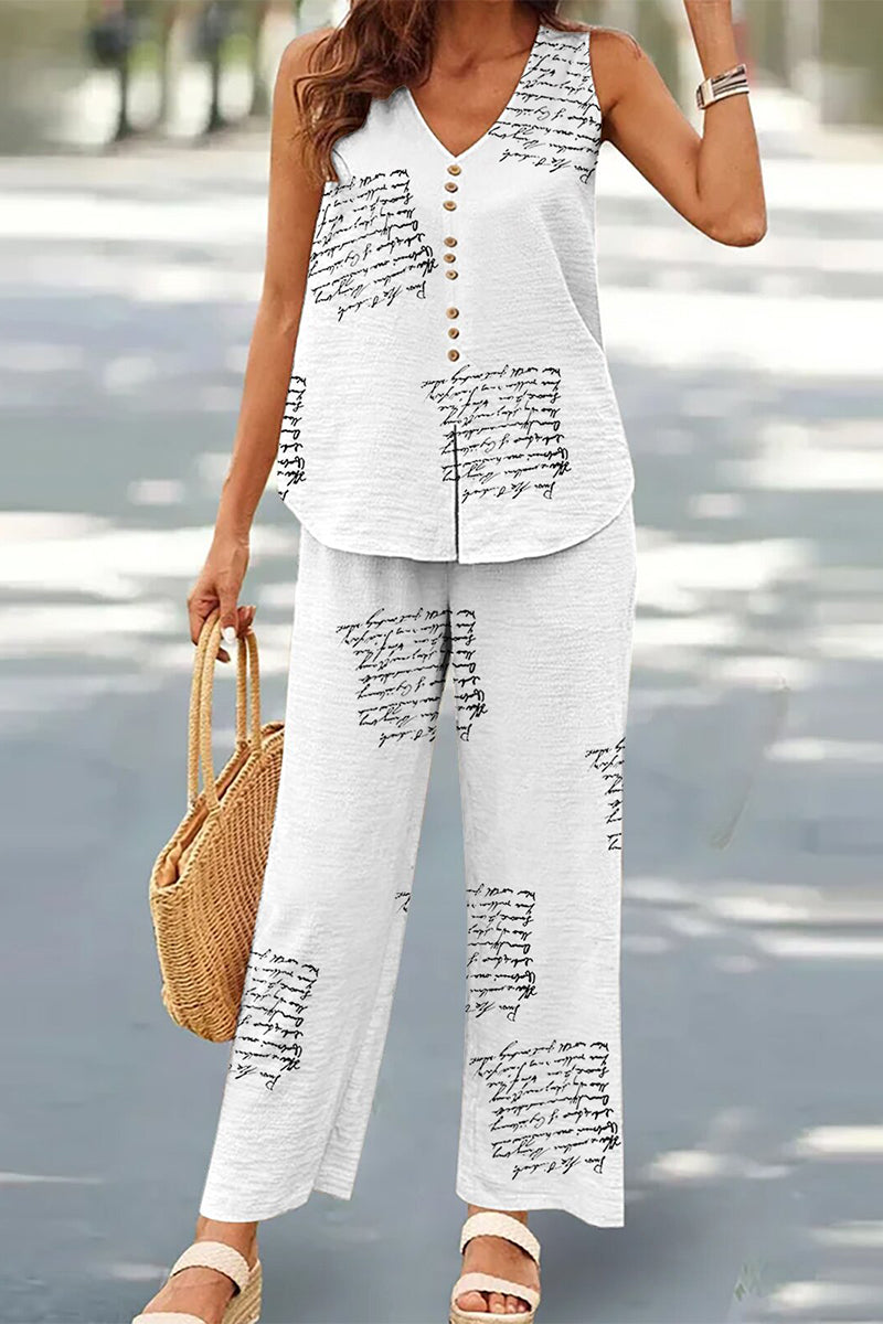 Conjunto informal de dos piezas con botones, escote en V y mangas (17 colores)