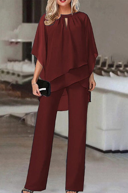Casual Simplicity Solid Patchwork Asymmetrical O Neck Half Sleeve Two Pieces
