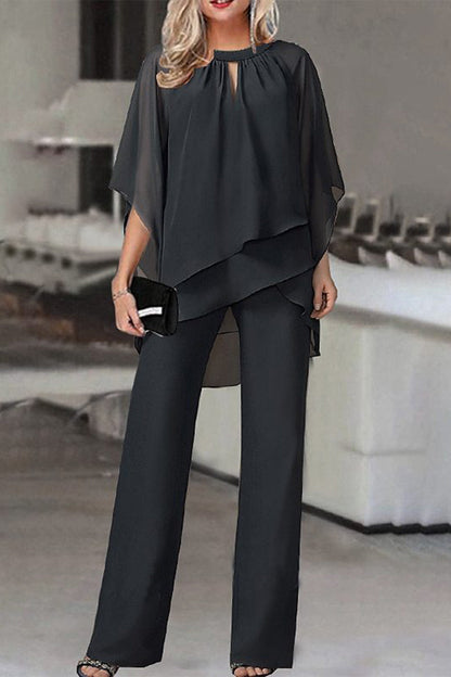 Casual Simplicity Solid Patchwork Asymmetrical O Neck Half Sleeve Two Pieces