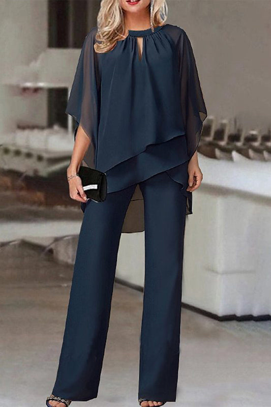 Conjunto informal sencillo de dos piezas con cuello redondo, manga corta y parches lisos (4 colores)