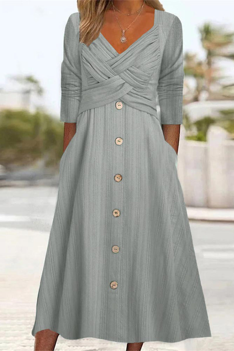 Vestidos casuales de manga larga con cuello en V y botones lisos (4 colores)