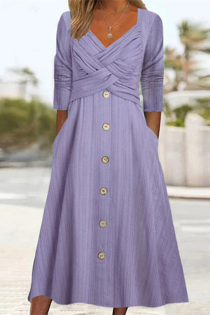 Vestidos casuales de manga larga con cuello en V y botones lisos (4 colores)