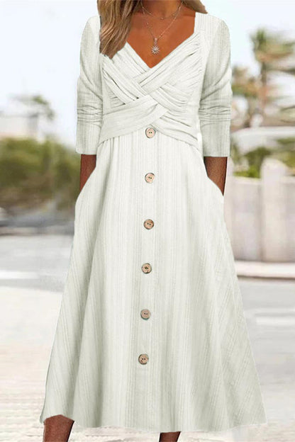 Vestidos casuales de manga larga con cuello en V y botones lisos (4 colores)